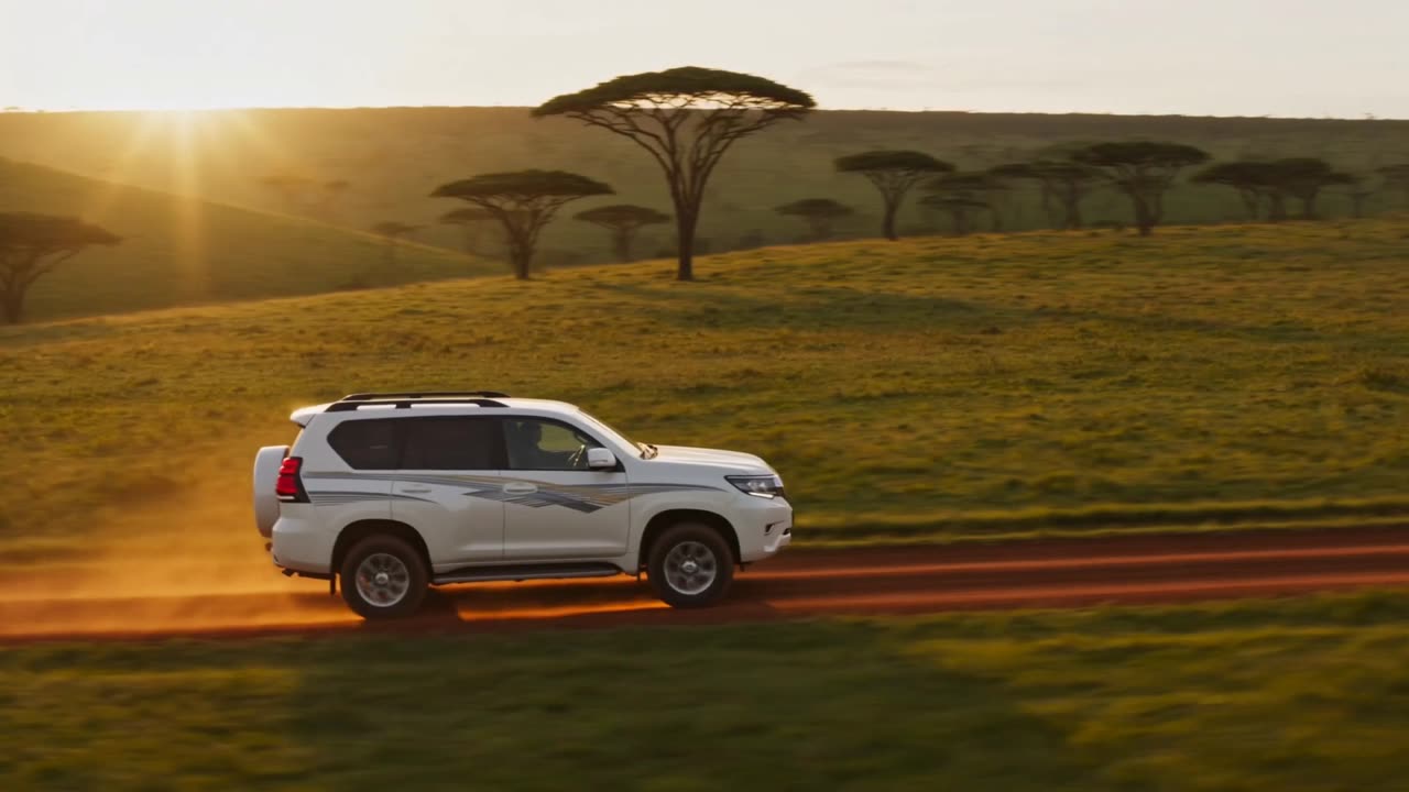 Toyota Prado driving through the green hills of Uganda at golden hour